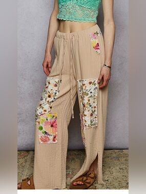 POL Beige Patchwork Floral Wide-Leg Pants